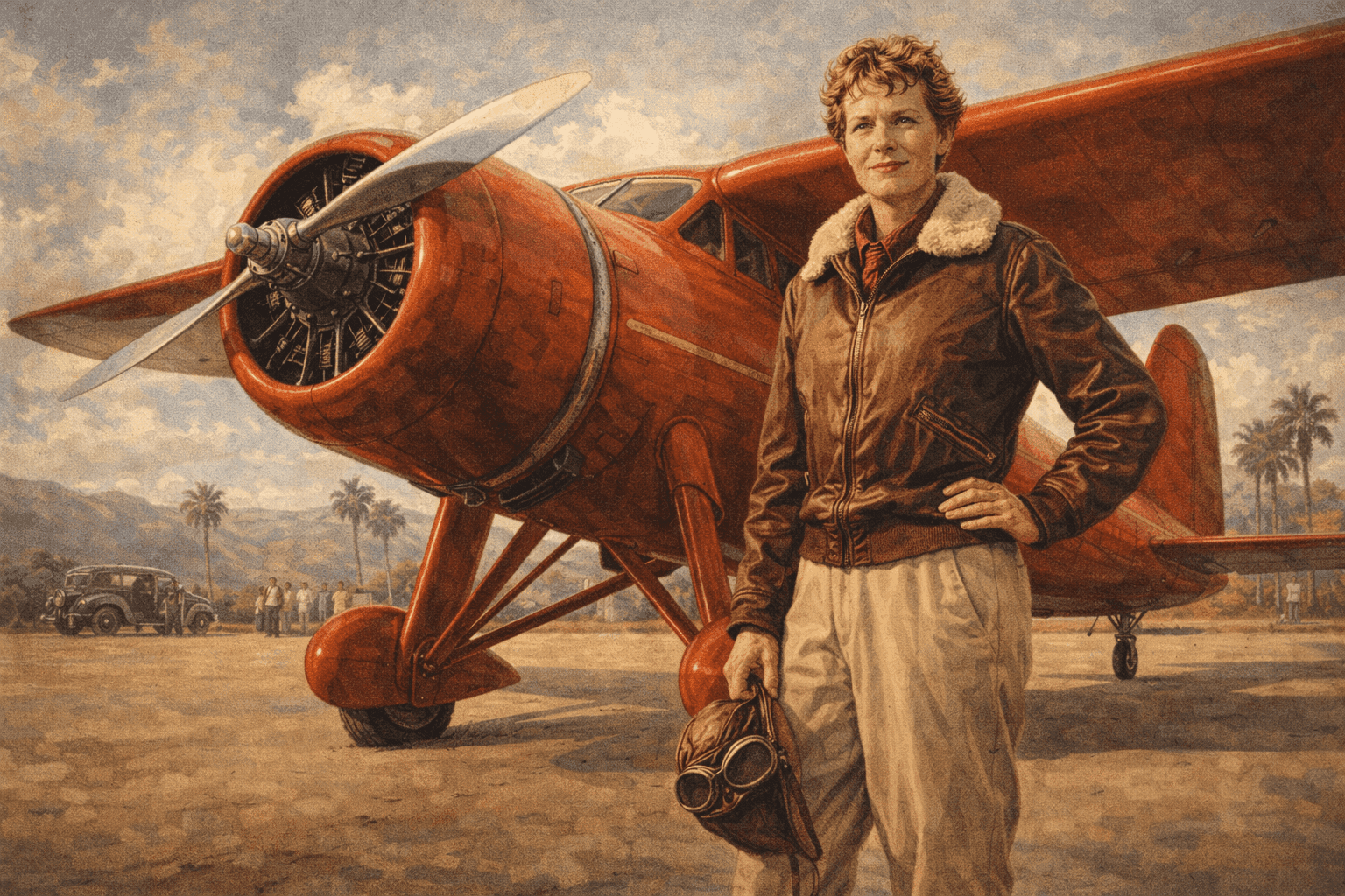 Amelia Earhart with her aircraft in 1935 after completing the Hawaii to California solo flight, capturing her determination and achievement