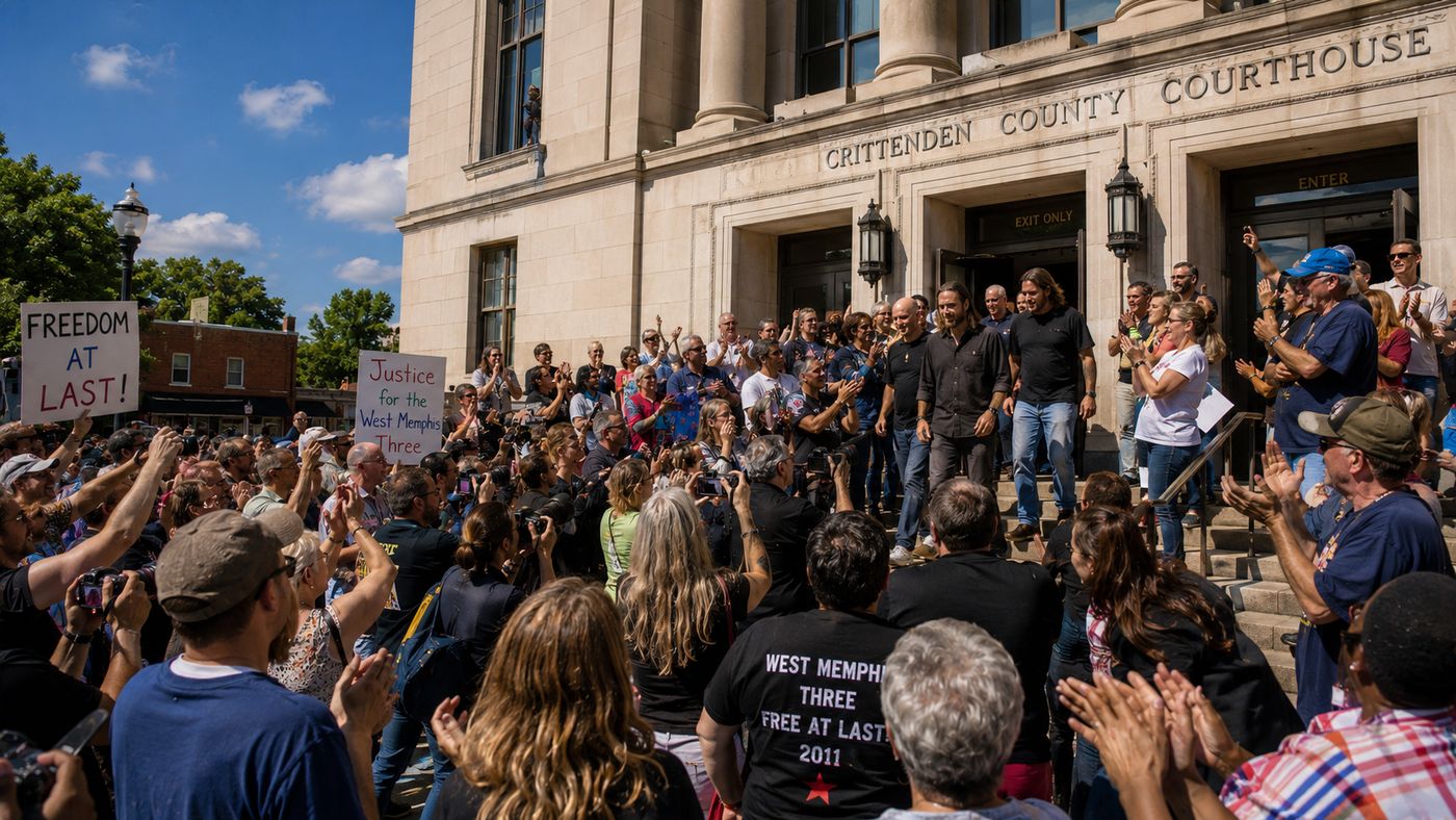 The exterior of an Arkansas courthouse on a bright summer day, a crowd of supporters visible on the steps and sidewalk