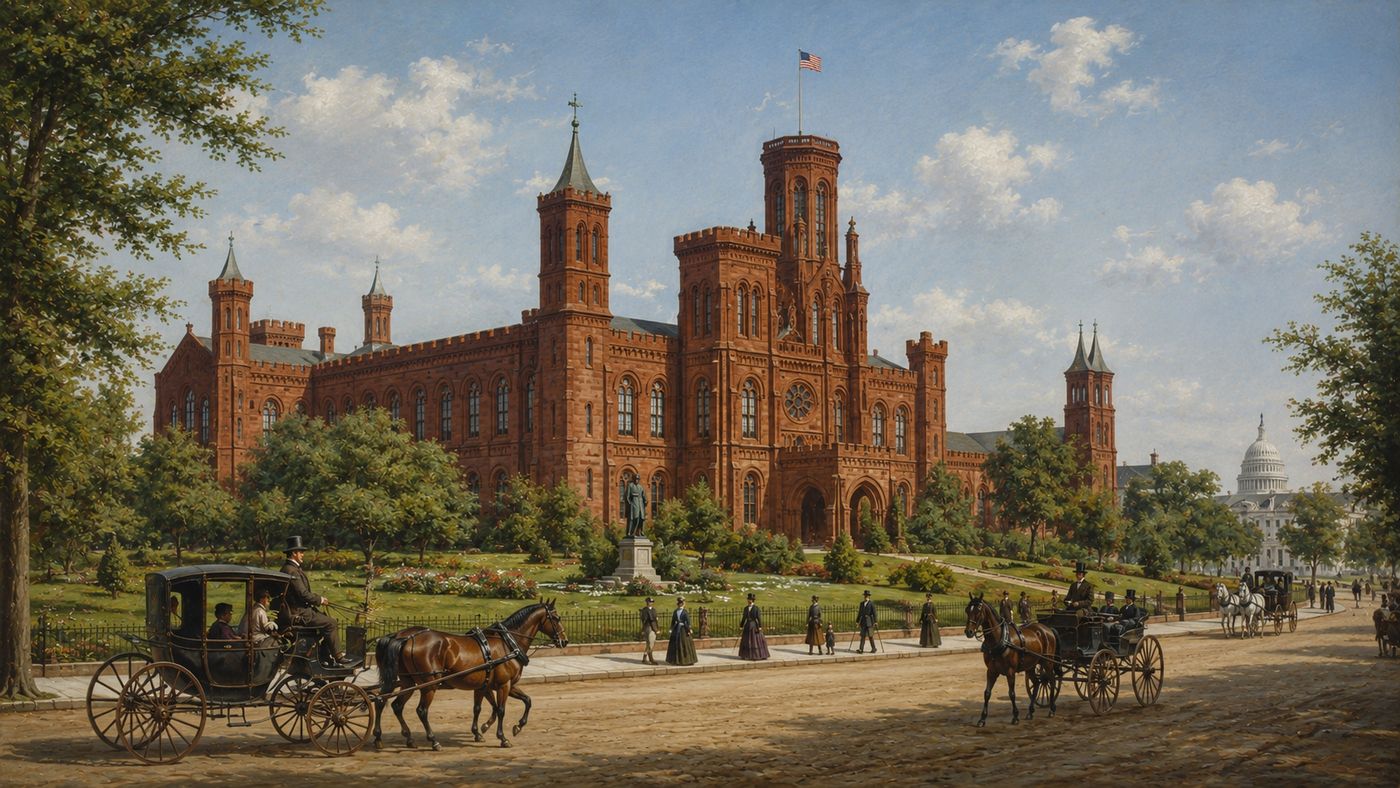 The red sandstone Smithsonian Institution Building on the National Mall in Washington DC, its Gothic towers rising above the surrounding greenery