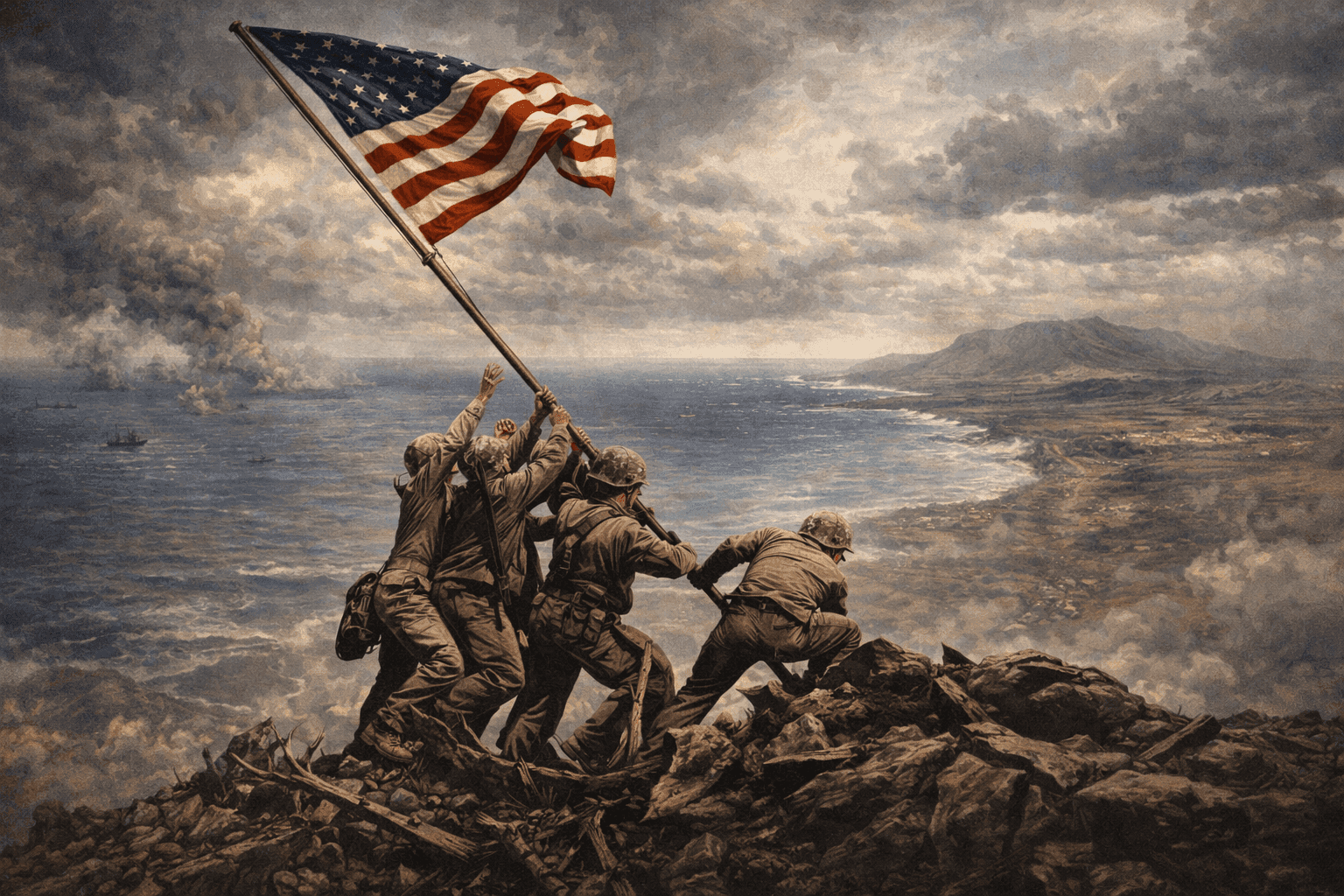 Historical illustration of Marines raising the flag on Mount Suribachi with dramatic volcanic landscape
