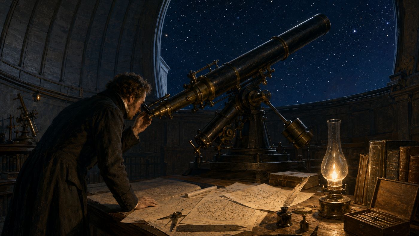 A 19th century observatory interior at night, a large refracting telescope aimed at the sky through an open dome, an astronomer at the eyepiece in lamplight