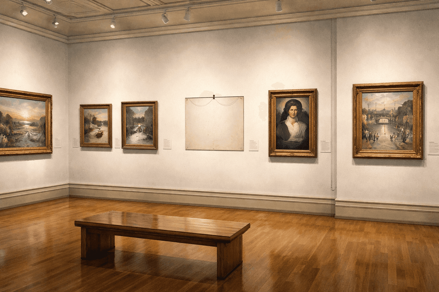 The interior of a Norwegian art museum gallery with an empty picture hook on a wall where a famous painting once hung