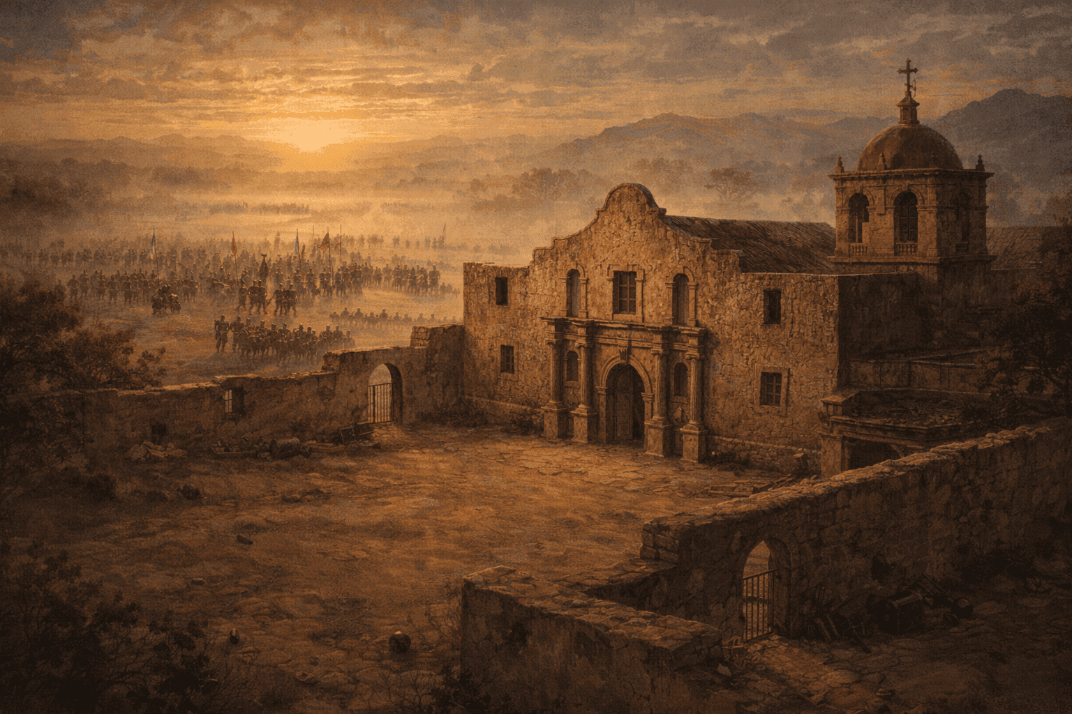 Historical illustration of the Alamo Mission at dawn with Mexican forces assembling in the distance
