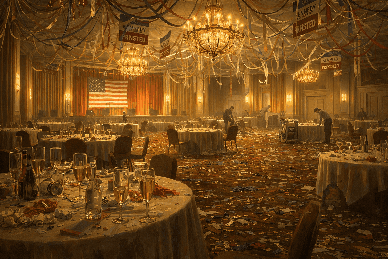 The ballroom of a grand 1960s Los Angeles hotel with streamers and campaign decorations still hanging after a late-night victory event