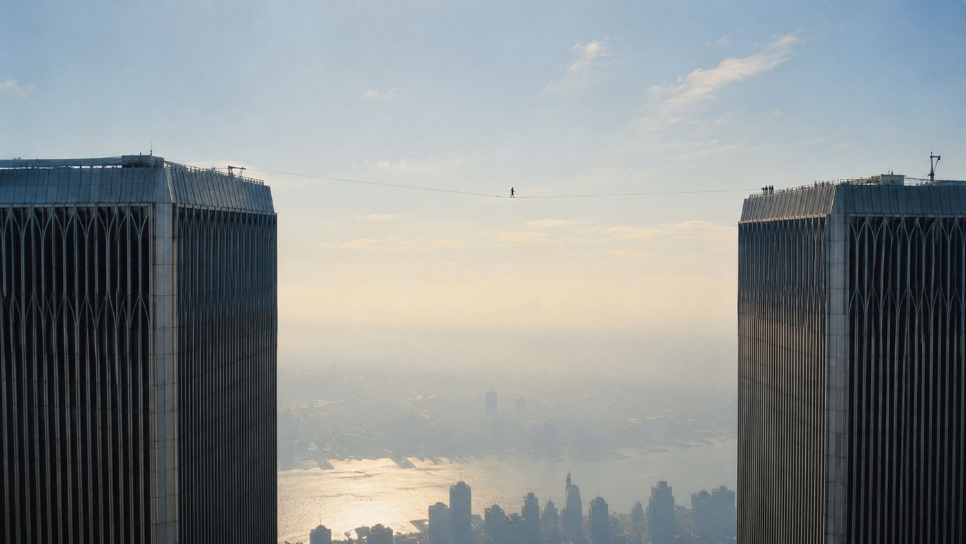 A tightrope walker silhouetted against the sky between two massive skyscraper towers, far above a city visible far below