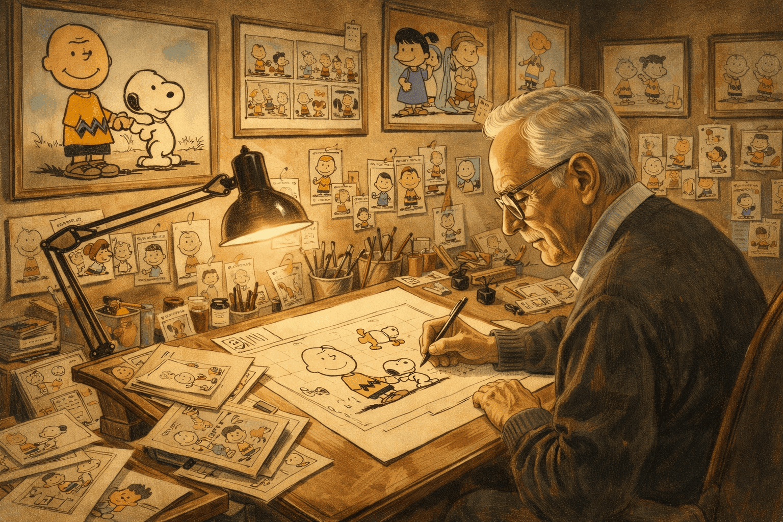 Charles Schulz at his drawing desk with Charlie Brown, Snoopy, and other Peanuts characters visible in artwork around him in his studio