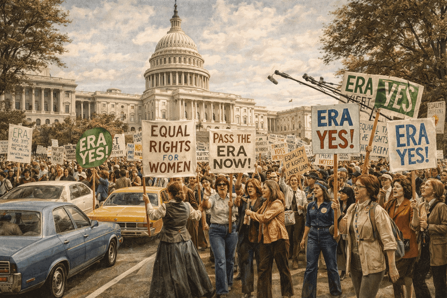 Historical illustration of 1970s U.S. Capitol building with protesters and signs supporting women's rights