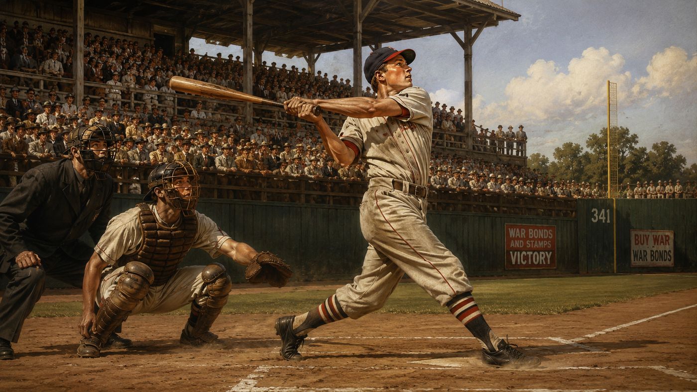 A 1940s professional baseball game in a classic American ballpark, a batter at the plate mid-swing, the stadium and crowd visible in afternoon light