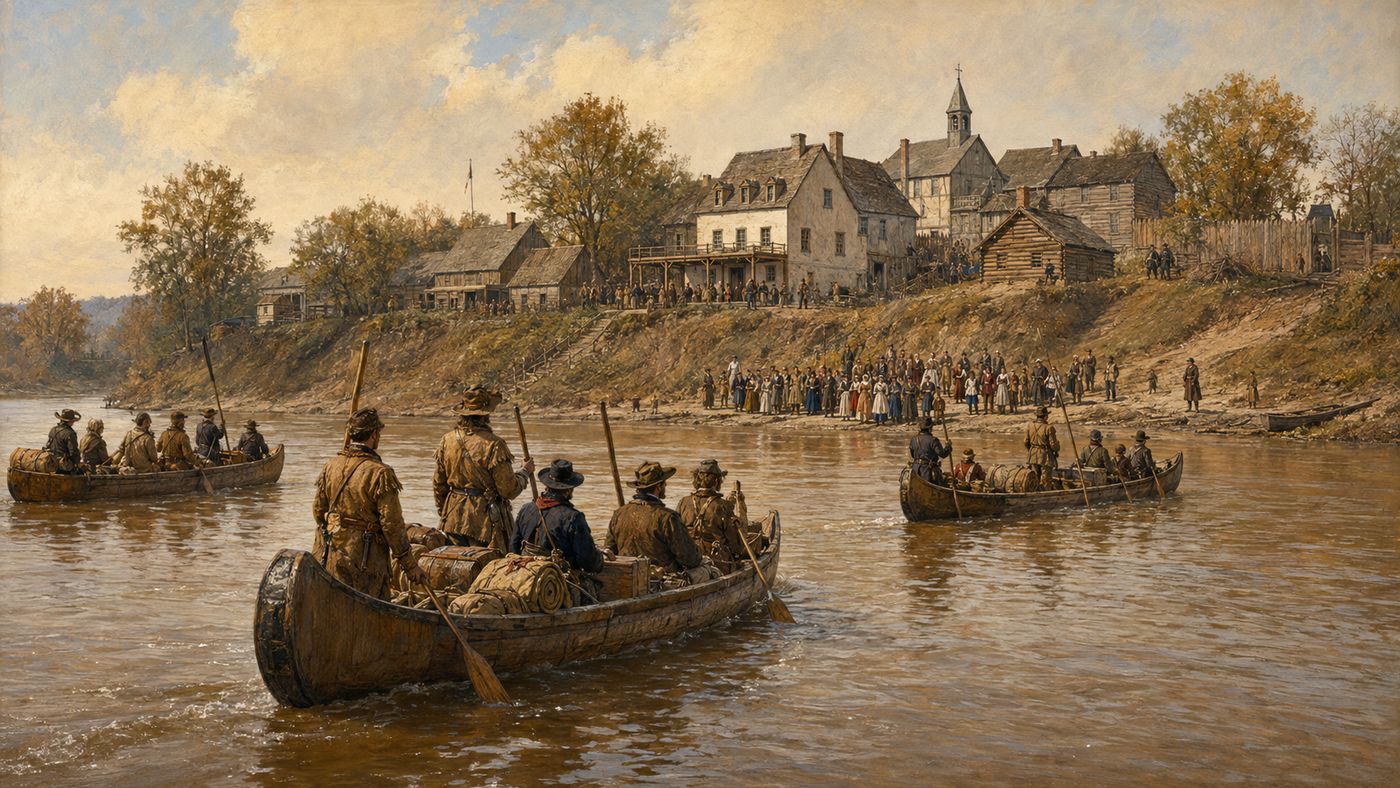 The Missouri River at St. Louis in the early 19th century, pirogues and canoes approaching the riverbank, the frontier settlement visible on the shore