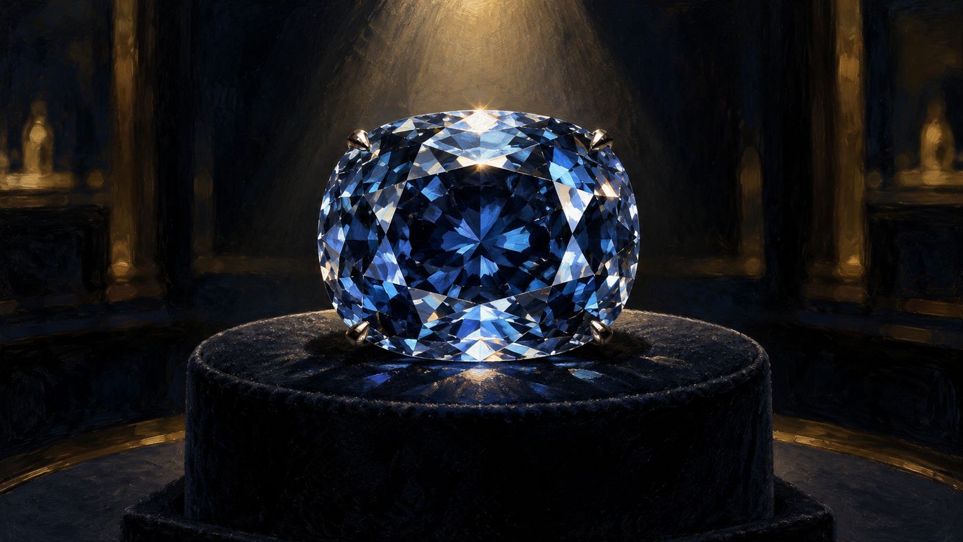 A painterly illustration of a museum gem display — a single magnificent blue diamond on a dark velvet mount under focused display lighting, the stone's extraordinary color and clarity rendered in deep sapphire and steel blue