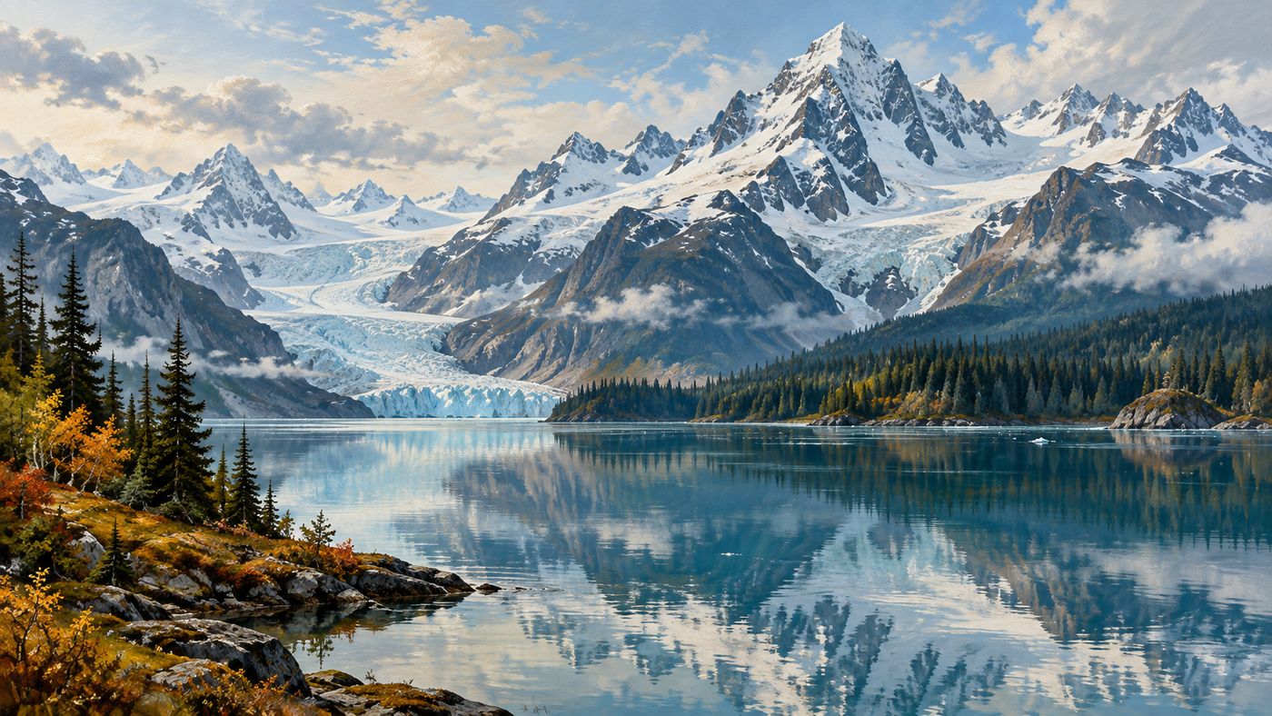 A sweeping painterly landscape of the Alaskan wilderness — snow-capped mountain peaks reflected in a vast glacial lake, dense spruce forest lining the shoreline, a pale northern sky above stretching to the horizon