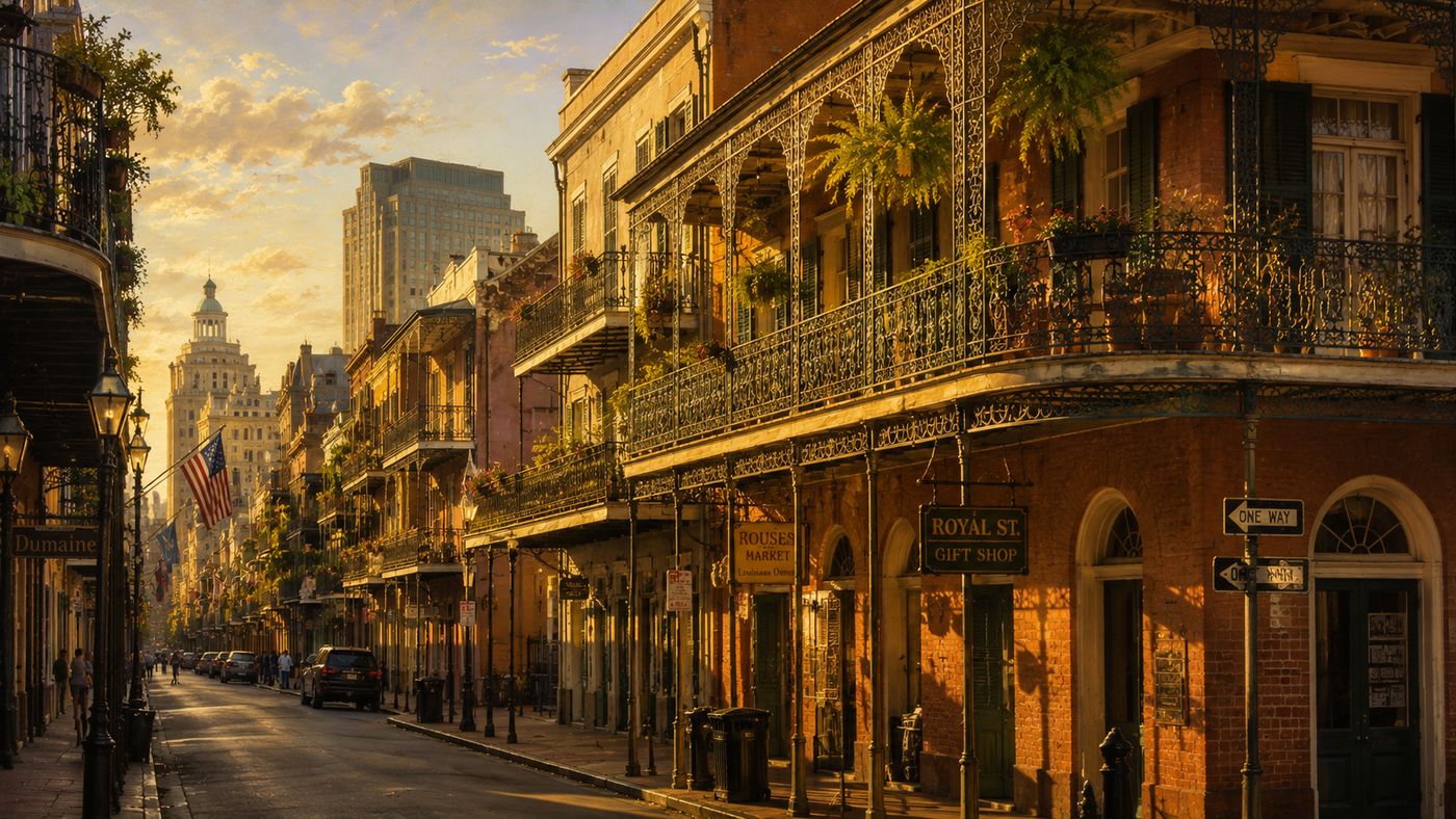 The New Orleans French Quarter at dusk, distinctive iron lace balconies above a narrow street, the warm Louisiana light casting long shadows on the old buildings