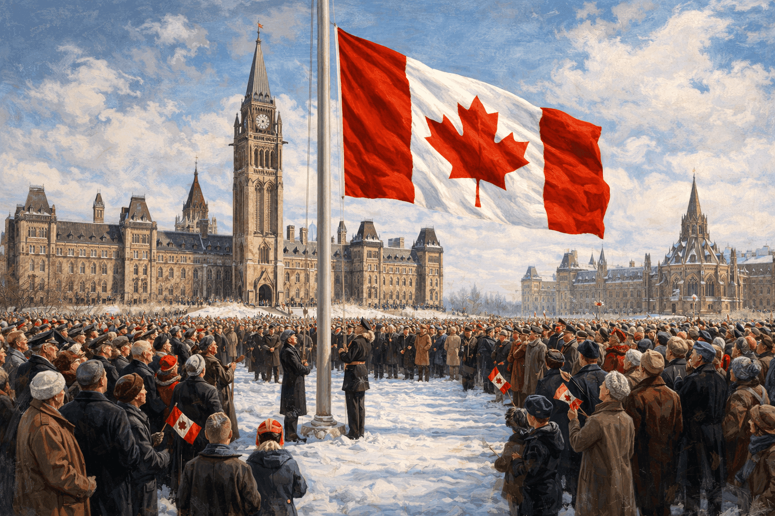 The Canadian Maple Leaf flag being raised on Parliament Hill in Ottawa with crowd watching the historic ceremony in 1965
