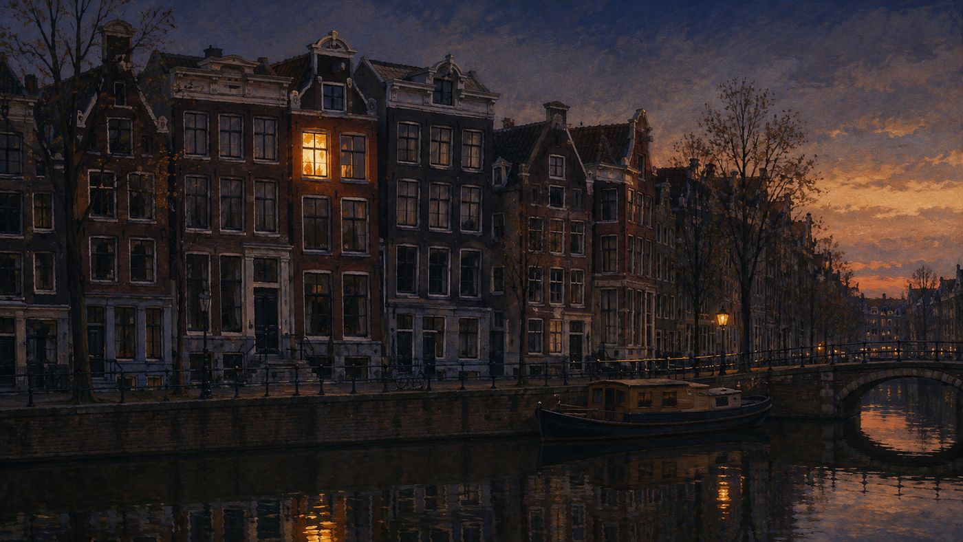 A narrow Amsterdam canal at dusk with tall brick canal houses reflected in still water, a single lighted window in the upper story of one building