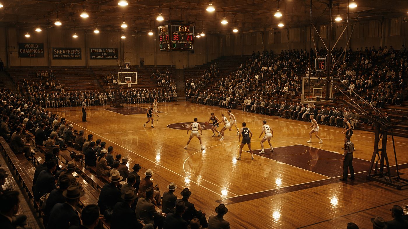 A 1940s American basketball arena with wooden bleachers and a hardwood court, a game in progress under warm arena lighting