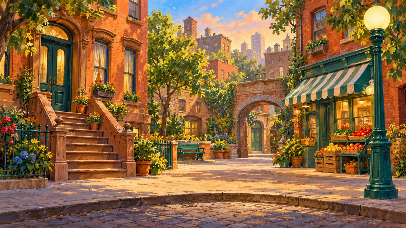 A painterly illustration of a friendly urban neighborhood street set — brownstone buildings, a stoop, a corner shop, a friendly lamppost, the warm and inviting world of a children's television neighborhood brought to life