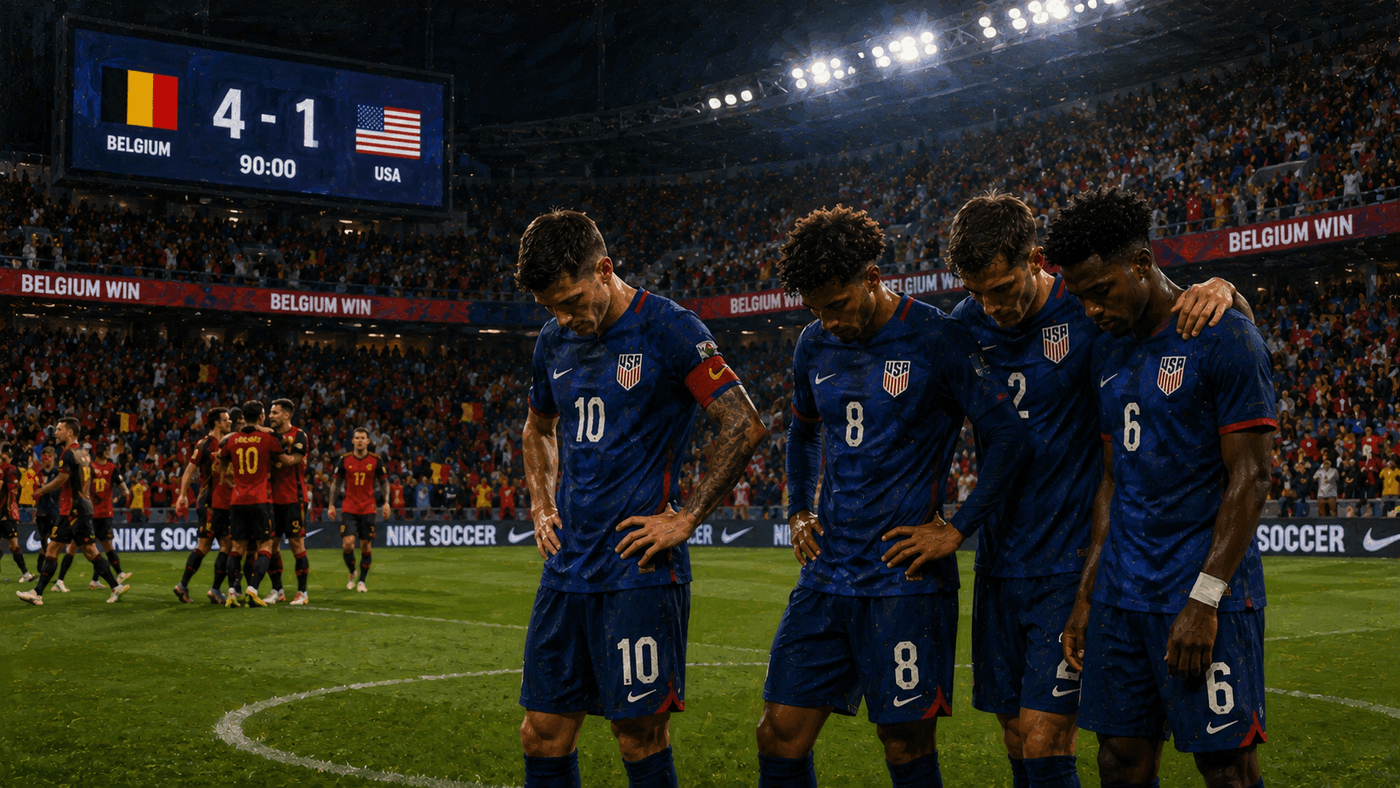 U.S. players standing quietly on the Lumen Field pitch after their World Cup elimination, heads bowed