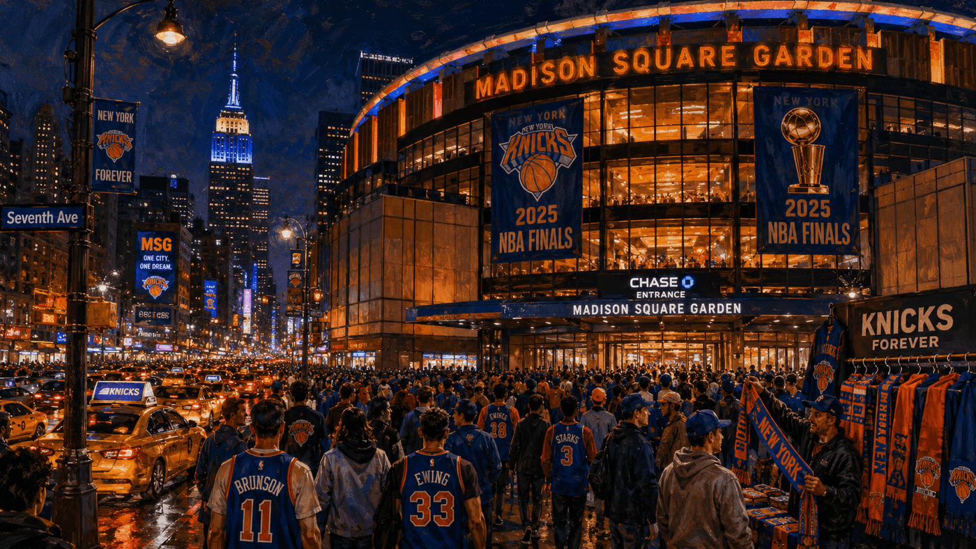 Madison Square Garden at night, lit up in orange and blue with Knicks NBA Finals banners hanging from the facade, fans streaming toward the entrance