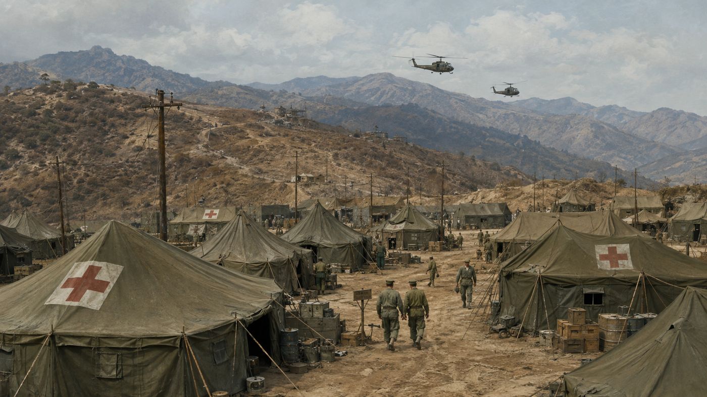 A Korean War-era mobile military hospital camp, olive drab tents visible on a hillside, helicopters approaching in the background, the setting both military and makeshift