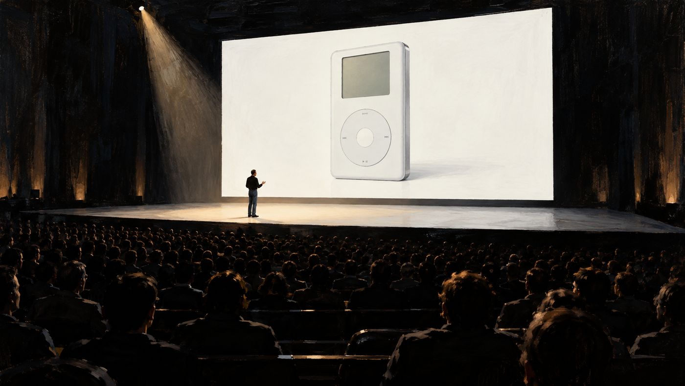 A painterly illustration of a minimalist Apple product launch stage — a single figure at a microphone against a clean white backdrop, a large projection screen showing a simple white device, the audience in darkness below