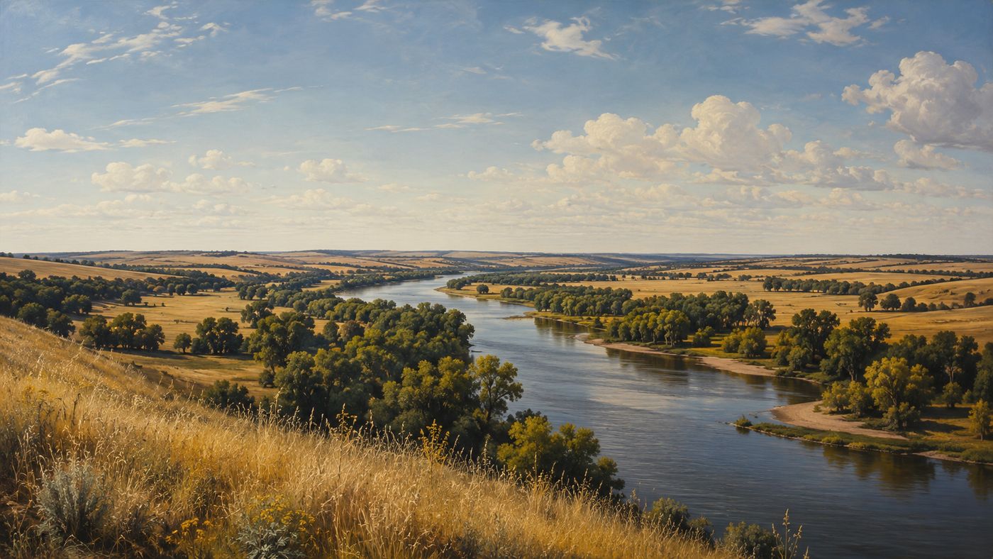 The broad Minnesota River Valley in late summer, the river winding through farmland and prairie, the landscape open and historically resonant