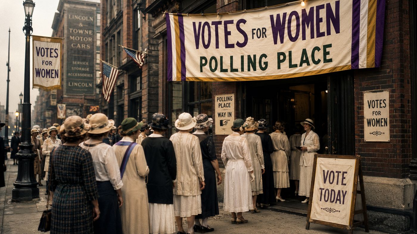 A 1920s American street scene with women voters lined up outside a polling station, a banner celebrating women's suffrage visible above the entrance