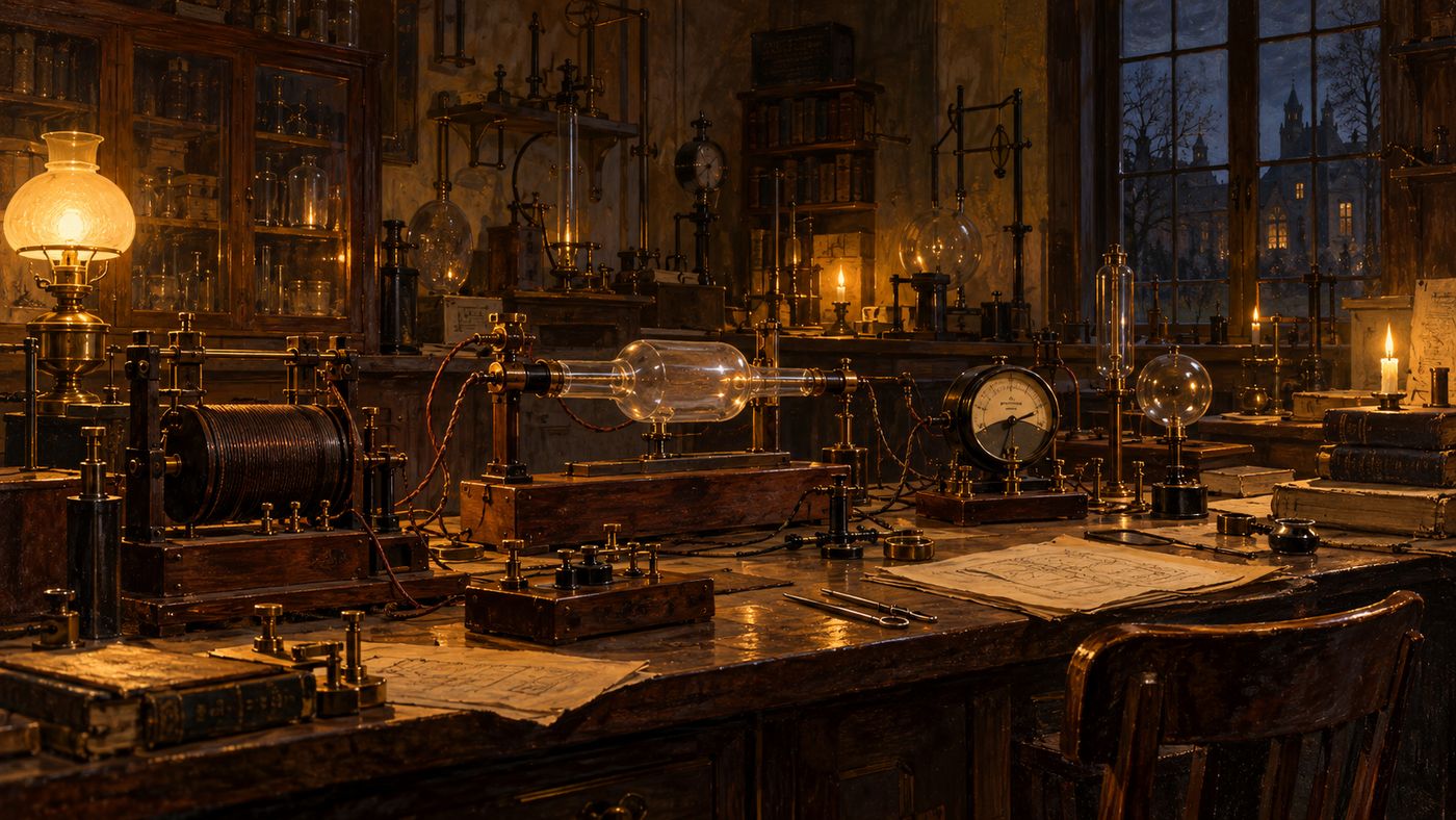 A painterly illustration of a late 19th-century physics laboratory — long wooden benches covered in glass tubes, electrical apparatus, and scientific instruments, warm lamplight illuminating the cluttered workspace of an experimental physicist