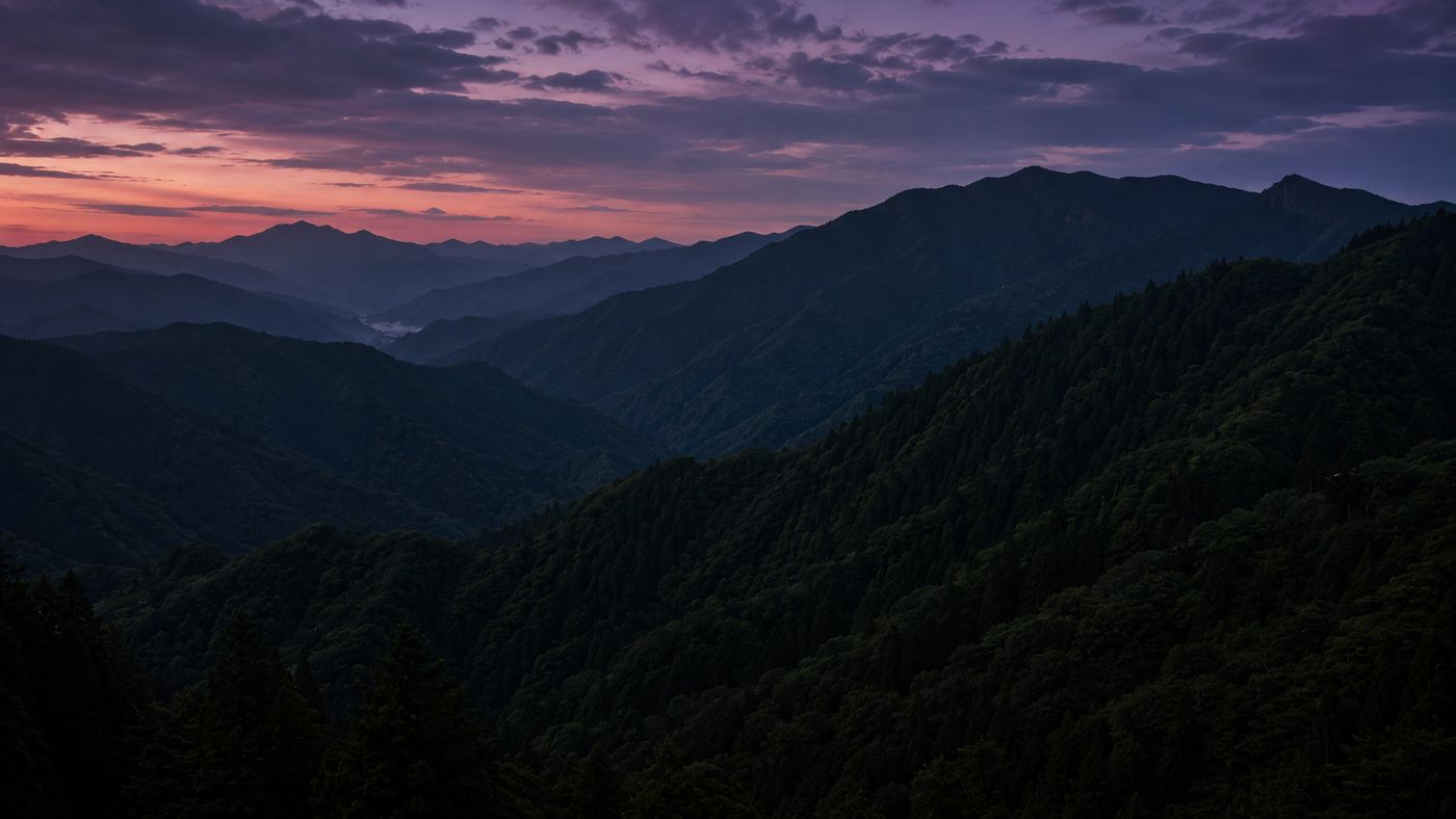 A rugged Japanese mountain range at dusk, densely forested peaks rising in layers against a darkening sky, the terrain remote and inaccessible