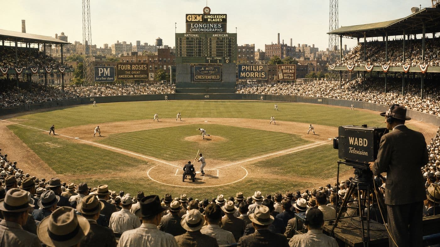 A classic 1930s American baseball stadium, the field visible from behind home plate, the wooden grandstands filled with fans in period dress