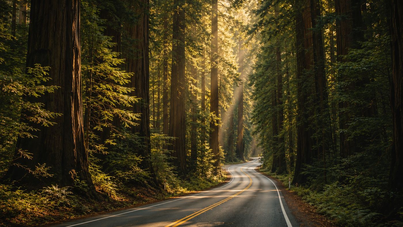 A winding two-lane American highway stretching through a Northern California forest, tall redwoods lining both sides, the road disappearing into the trees