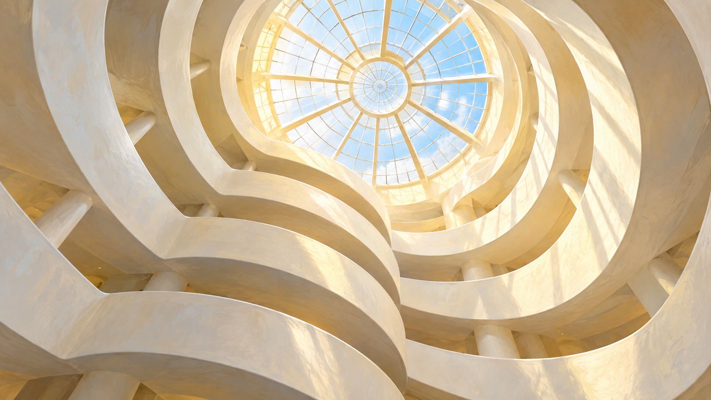 A painterly illustration of the Guggenheim Museum's interior rotunda — the view looking up through the spiraling white concrete ramp from the ground floor, the skylit oculus at the top flooding the atrium with natural light, the curved walls of the ramp visible in ascending rings above