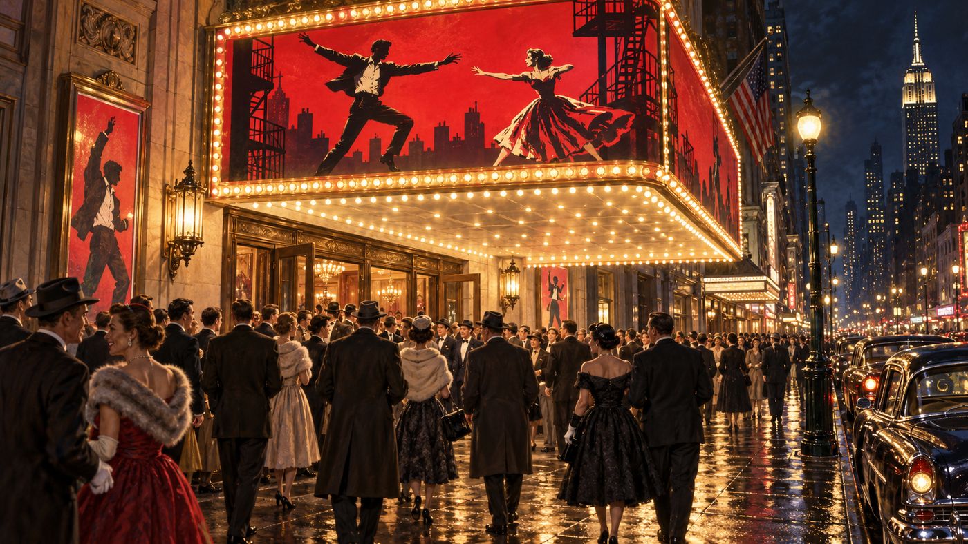 A Broadway theater marquee on a New York City street at night in 1957, theater-goers visible on the sidewalk below, the electricity of an opening night
