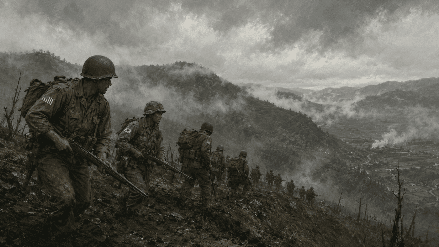 A dramatic 1950s military scene with American and South Korean soldiers advancing across a rugged hillside landscape under an overcast sky