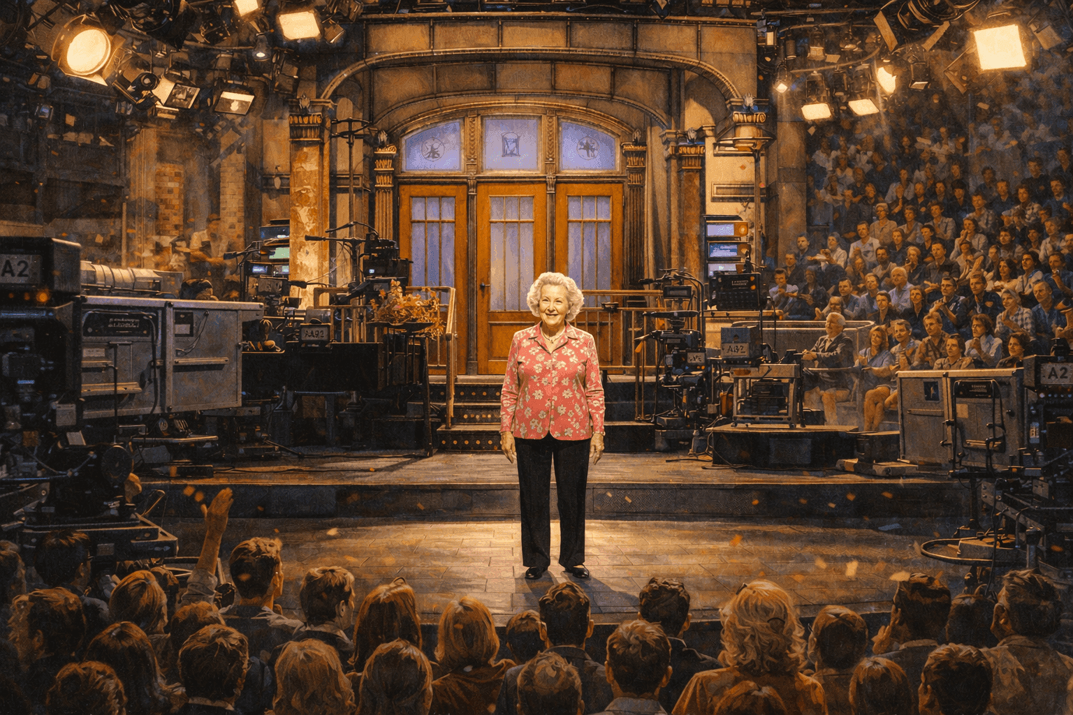 The iconic NBC Saturday Night Live stage at 30 Rockefeller Plaza with its distinctive home base desk and colorful backdrop