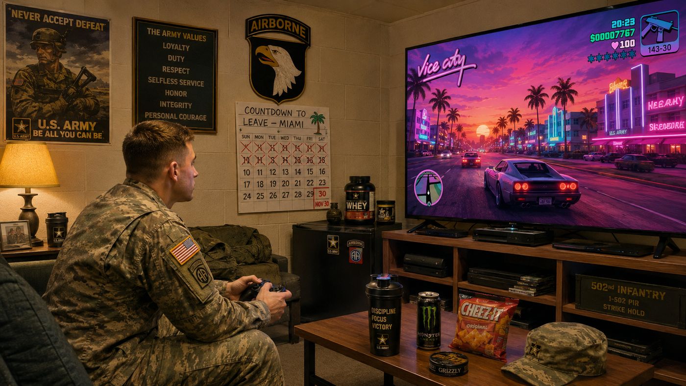 A U.S. Army soldier in uniform playing a video game in a barracks common room, a game controller in hand