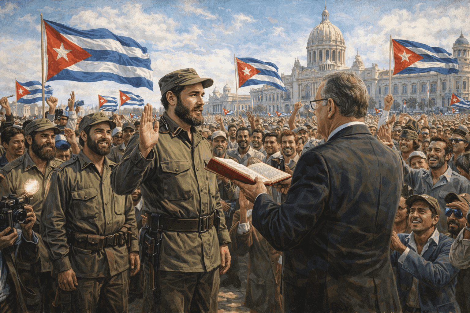 Fidel Castro taking the oath of office as Cuban Prime Minister with revolutionary supporters and Cuban flags visible in 1959 Havana