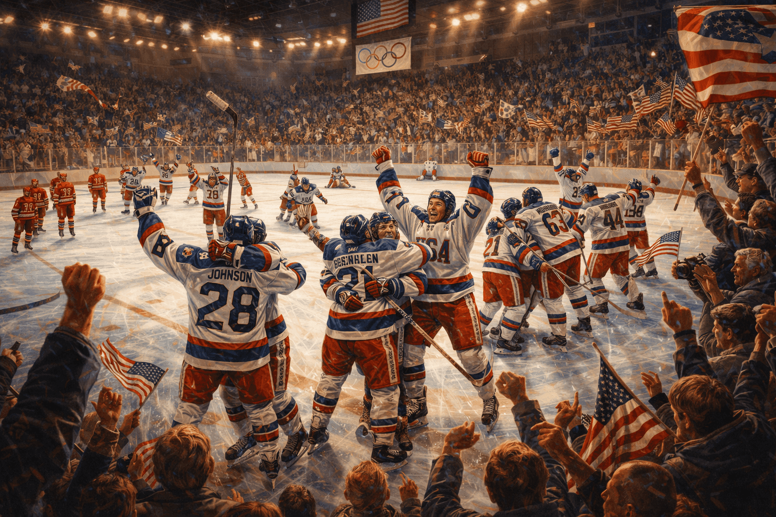 Dynamic historical illustration of Olympic ice hockey arena with dramatic lighting and celebrating players
