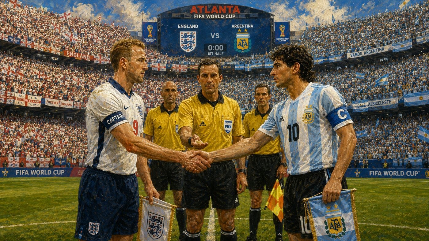 England and Argentina players facing off on a brilliantly lit World Cup pitch, the rivalry of decades hanging in the air