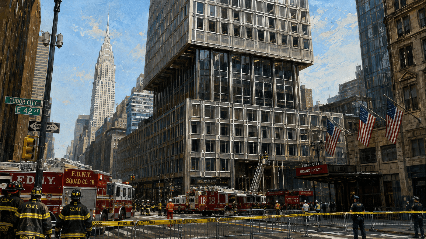 Emergency responders and equipment surrounding a Midtown Manhattan high-rise with frozen zone barriers visible on the street below