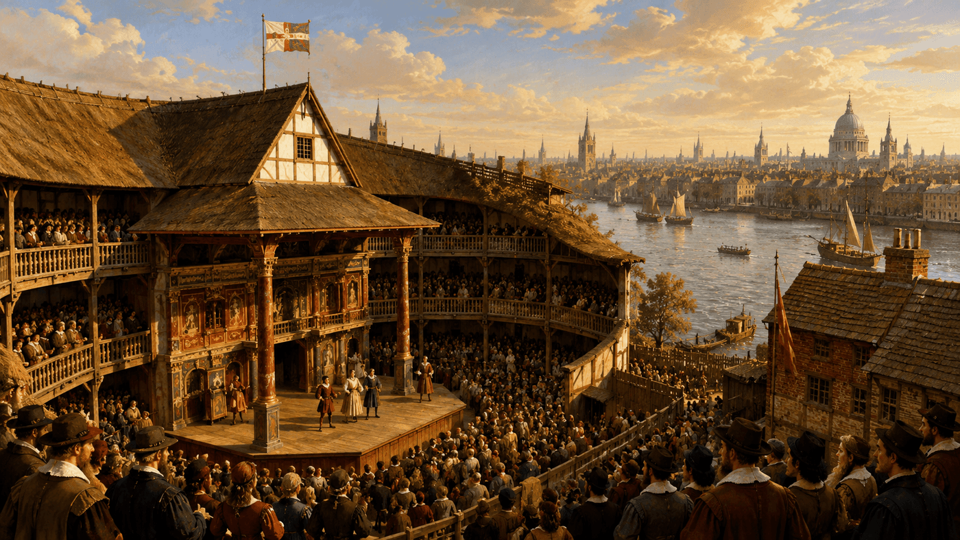 A reconstructed Elizabethan open-air theatre on the bank of the Thames at golden hour, the river and London skyline visible beyond