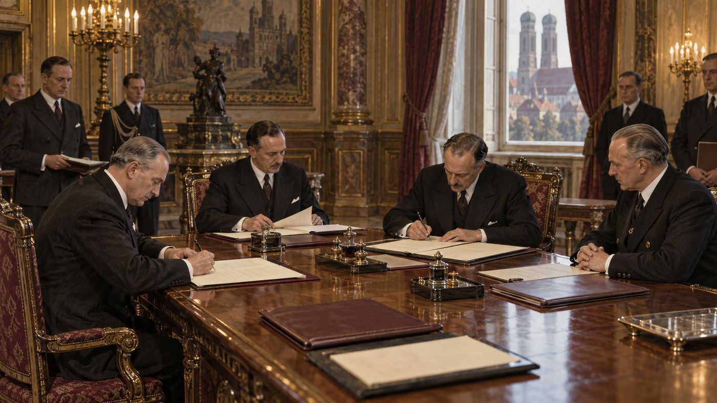 European leaders in formal diplomatic dress gathered around a conference table in a grand Munich hall in 1938, documents visible before them, the atmosphere of a momentous and fateful negotiation
