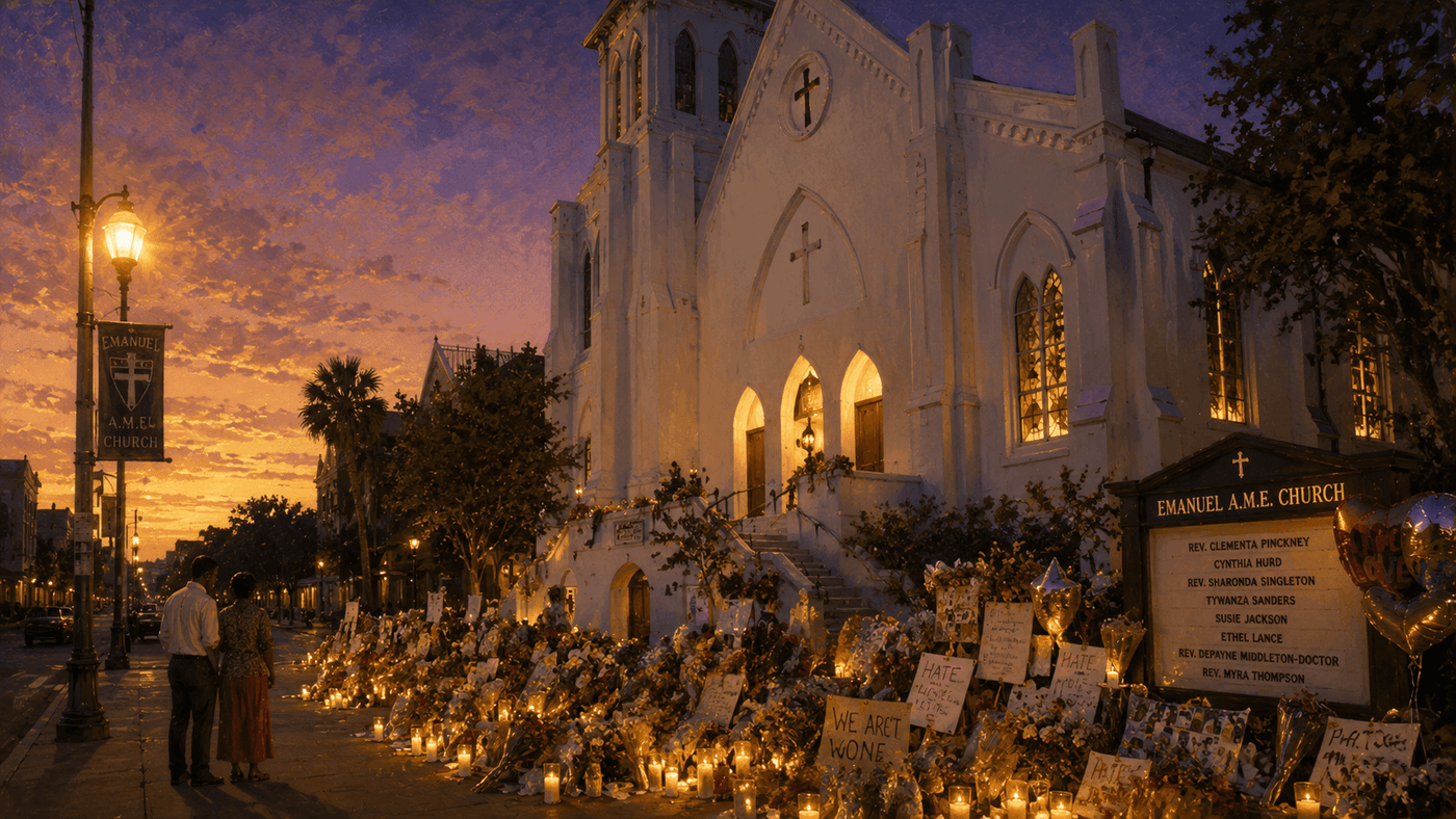 A historic African American church exterior at dusk, white-painted with arched windows, surrounded by flowers and candles