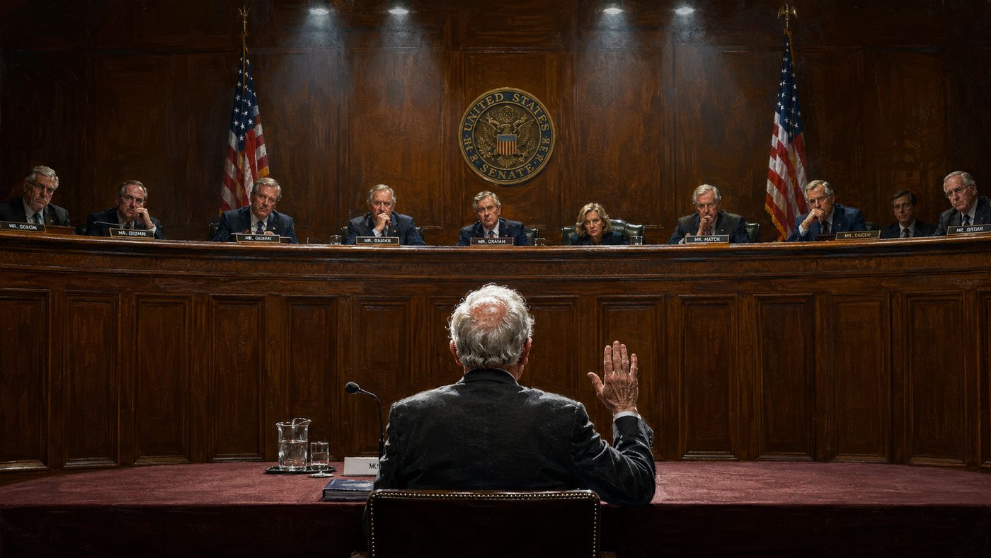 Dr. Anthony Fauci sitting at the Senate witness table, hand raised, being sworn in before his testimony as senators look on from the dais above