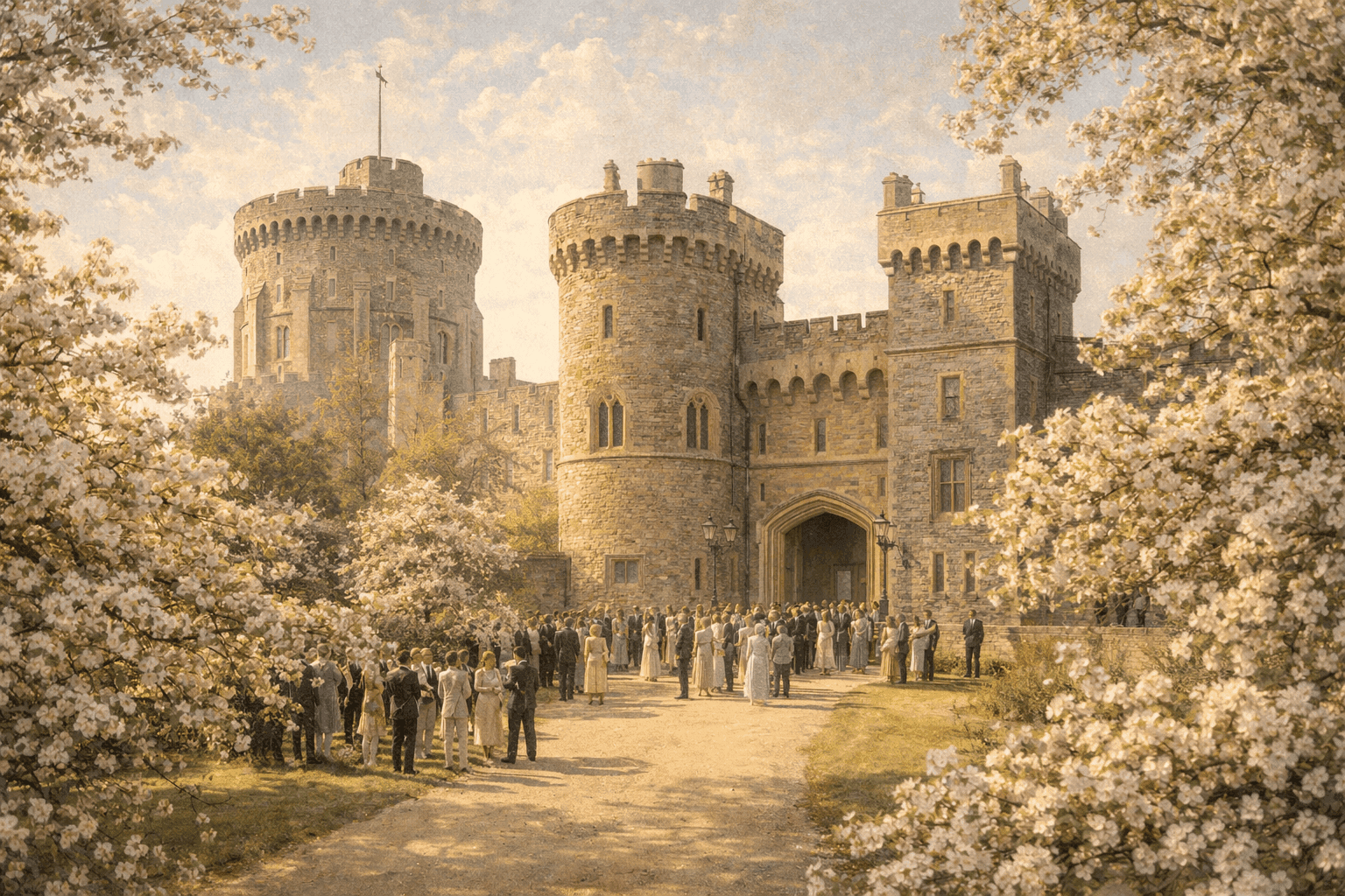 The ornate stone exterior of Windsor Castle on a spring day with flower arrangements decorating the entrance