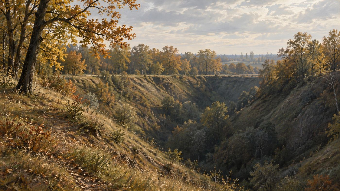 A wooded ravine on the outskirts of a city in autumn, the trees beginning to turn, the landscape peaceful and ordinary — the silence of a place where something irreversible occurred