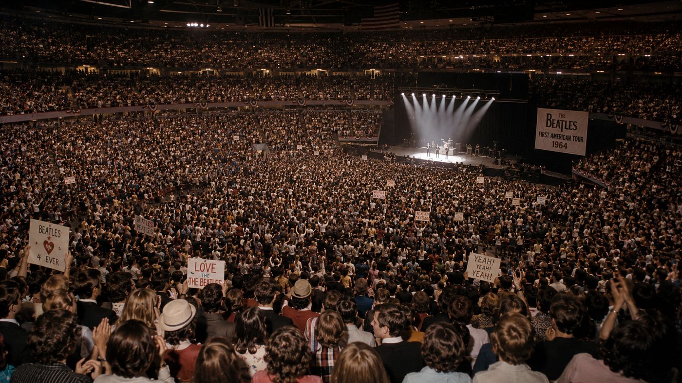A packed 1960s indoor arena with a stage at the far end, a massive screaming crowd filling every seat and the floor below bright stage lights