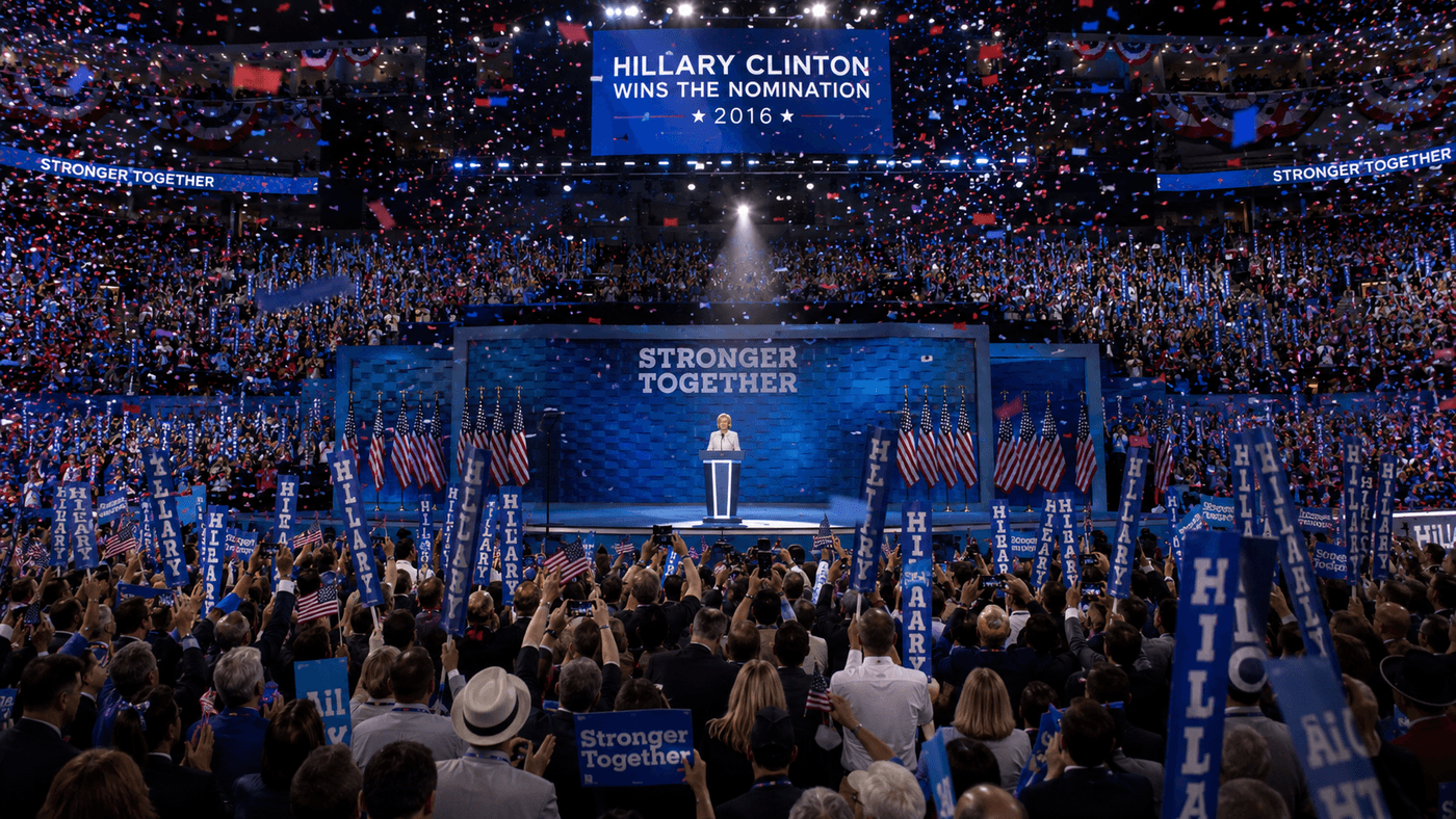 A packed convention arena with a woman at a podium before a vast crowd, confetti falling from above, the hall lit in celebratory colors