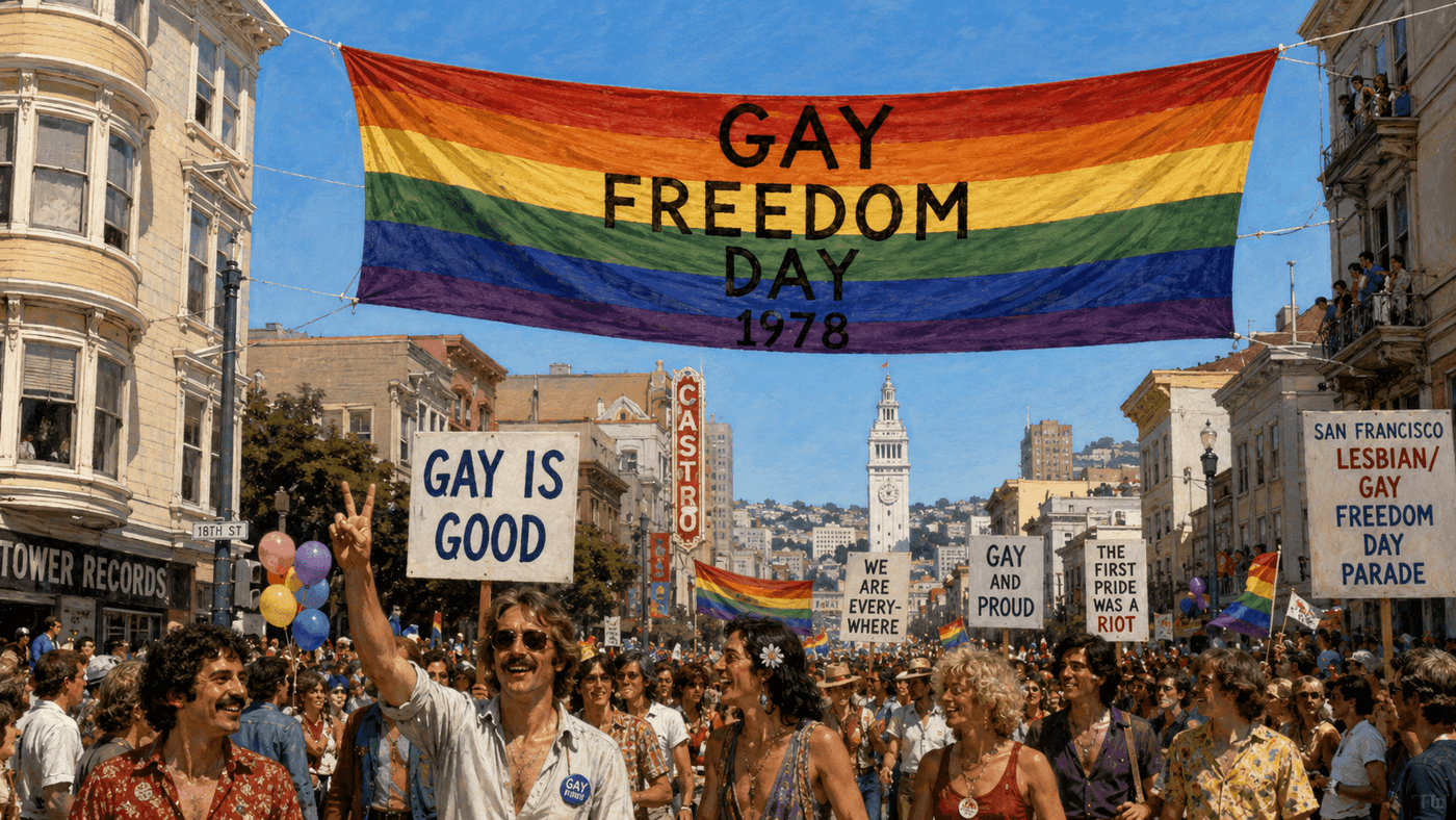 A vibrant San Francisco street parade scene in the late 1970s with crowds and colorful banners under a bright summer sky