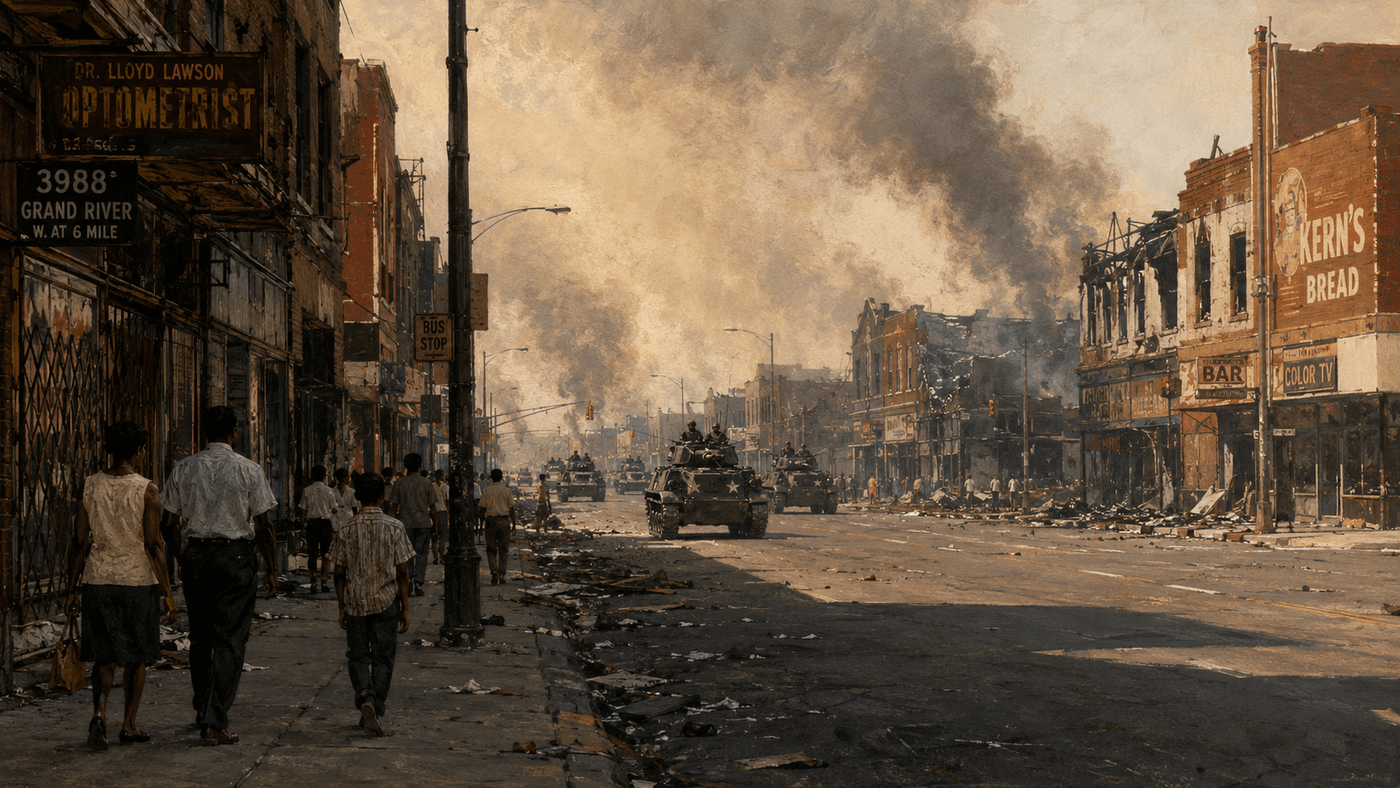A Detroit city street in 1967 with smoke rising from damaged buildings, National Guard vehicles visible at a distance in the hazy summer air