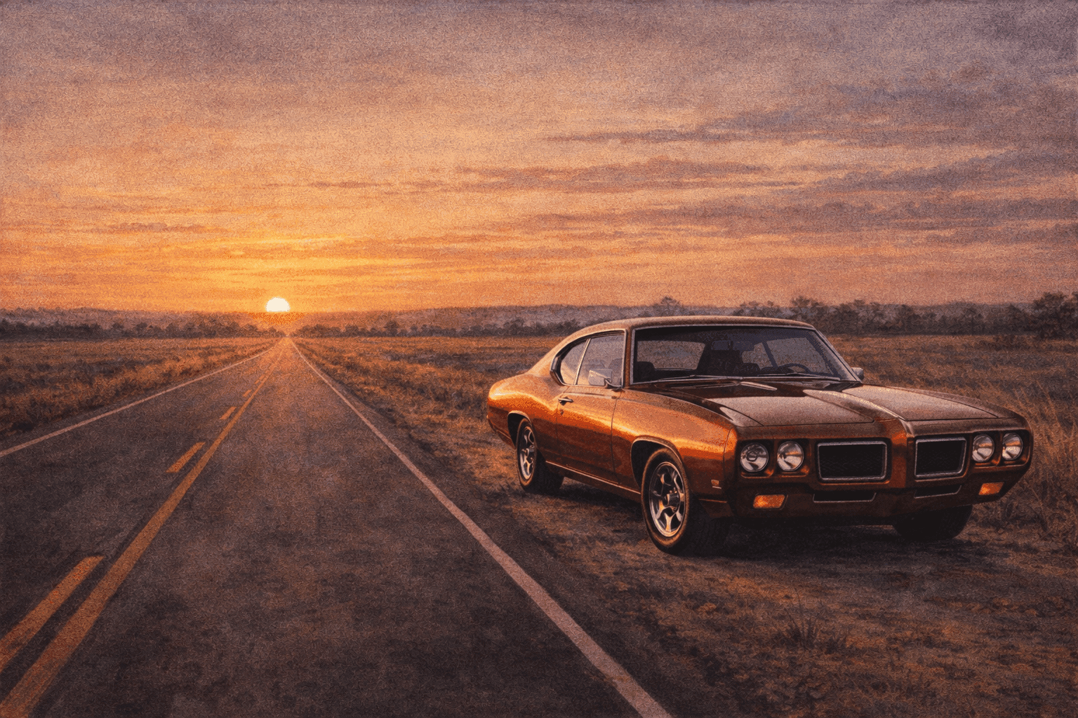 A classic 1960s Pontiac GTO muscle car in vibrant red parked on an empty American highway at sunset